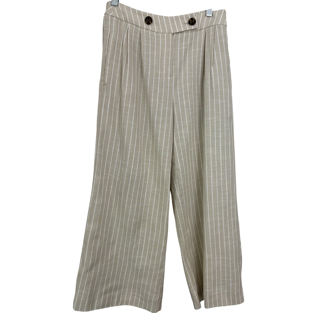Fransa Wide Leg Pants Women 34 Tan Striped‎ Linen Blend High Waist FRJALINEN 3